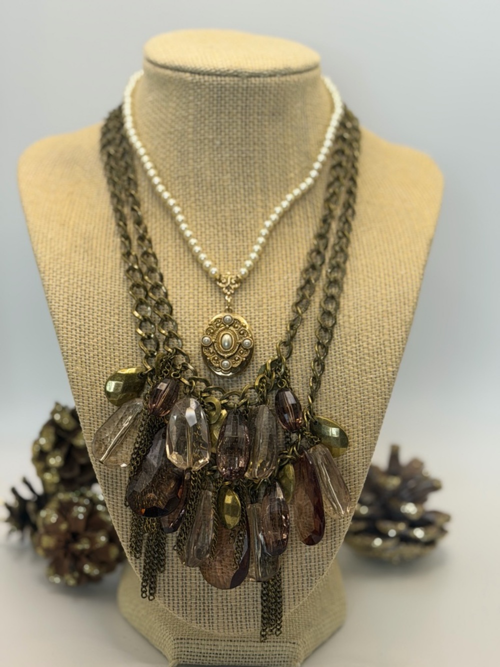 Expensive Double Bundle Layered, Pearl Gold Locket & Gorgeous Faceted Necklace